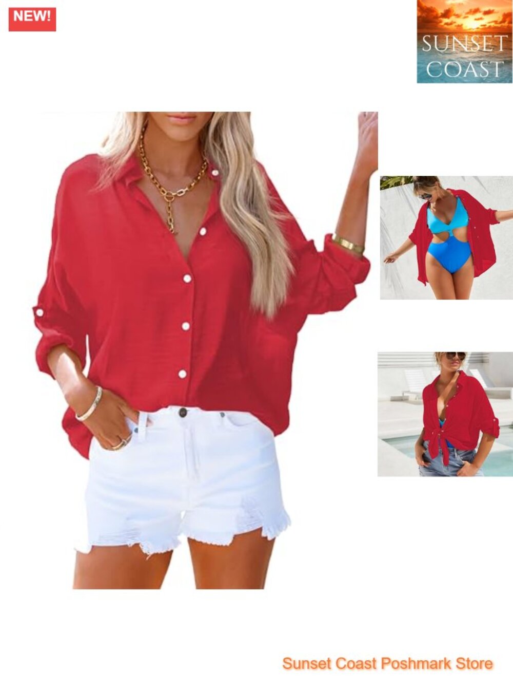 Womens Button Down Collared Shirt Roll Up Sleeve Loose Tunic Blouse